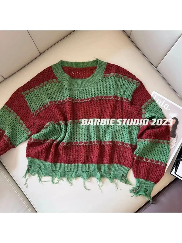 Y2K Striped Cropped Sweater: Autumn Hollow Out O-Neck Pullover - Baddie Style Street