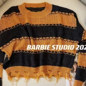 Y2K Striped Cropped Sweater: Autumn Hollow Out O-Neck Pullover - Baddie Style Street