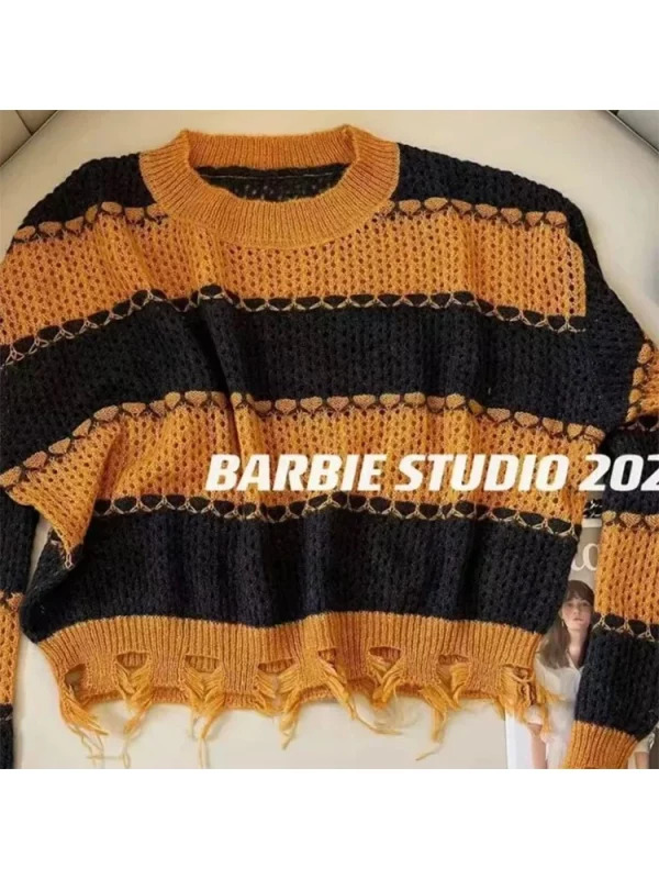 Y2K Striped Cropped Sweater: Autumn Hollow Out O-Neck Pullover - Baddie Style Street