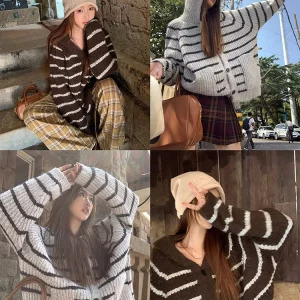 Y2K Striped Hoodie Cardigan: Autumn Winter Harajuku Fashion Outwear