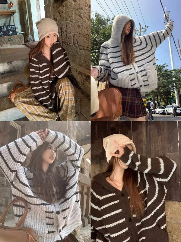 Y2K Striped Hoodie Cardigan: Autumn Winter Harajuku Fashion Outwear