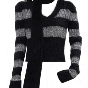 Y2K Striped V-Neck Cropped Sweater - Dark Academia Style