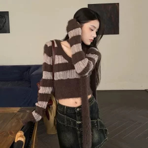 Y2K Striped V-Neck Cropped Sweater - Dark Academia Style