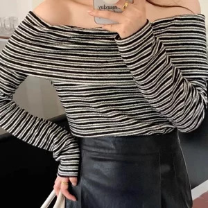 Y2K Striped Vintage Slash Neck Sweater - Autumn Women's Korean Streetwear