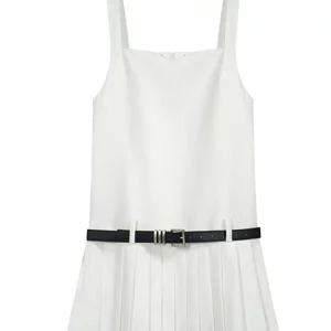 Y2K Style Korean Fashion Mini Halter White Dress with Belt - Street Sexy Party Outfit