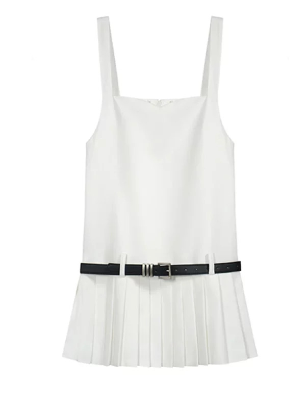 Y2K Style Korean Fashion Mini Halter White Dress with Belt - Street Sexy Party Outfit