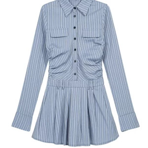 Y2K Style Striped Shirt Dress - Korean Fashion Mini Dress for Women - Pleated A-line Frocks - Evening Party