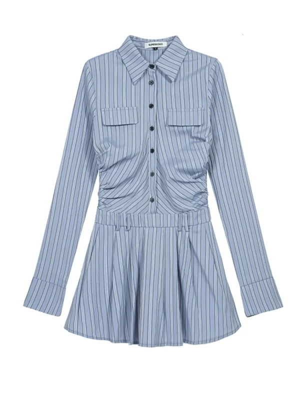 Y2K Style Striped Shirt Dress - Korean Fashion Mini Dress for Women - Pleated A-line Frocks - Evening Party