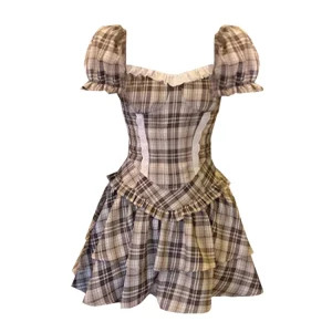 Y2K Summer Aesthetic Plaid 2-Piece Set: Square Collar Crop Top + Mini Ruffles Skirt