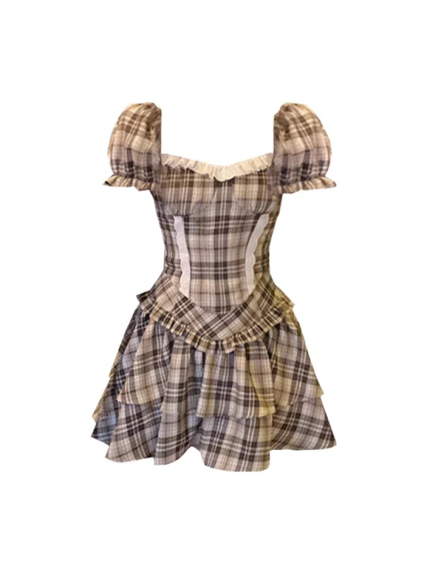 Y2K Summer Aesthetic Plaid 2-Piece Set: Square Collar Crop Top + Mini Ruffles Skirt