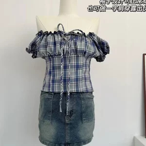 Y2K Summer Aesthetic Plaid Sleeveless Crop Top - Vintage Korean Style