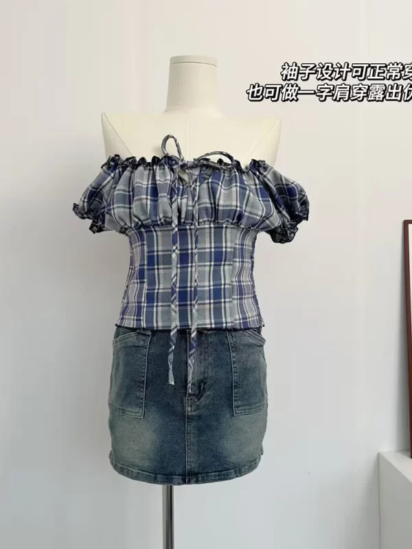 Y2K Summer Aesthetic Plaid Sleeveless Crop Top - Vintage Korean Style