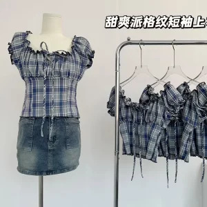 Y2K Summer Aesthetic Plaid Sleeveless Crop Top - Vintage Korean Style