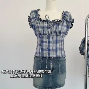 Y2K Summer Aesthetic Plaid Sleeveless Crop Top - Vintage Korean Style