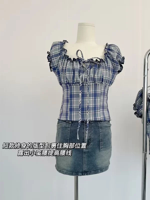 Y2K Summer Aesthetic Plaid Sleeveless Crop Top - Vintage Korean Style