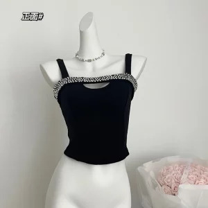 Y2K Summer Coquette Crop Top with Rhinestone Detail - Korean Gyaru Aesthetic Hollow Out Halter Camis