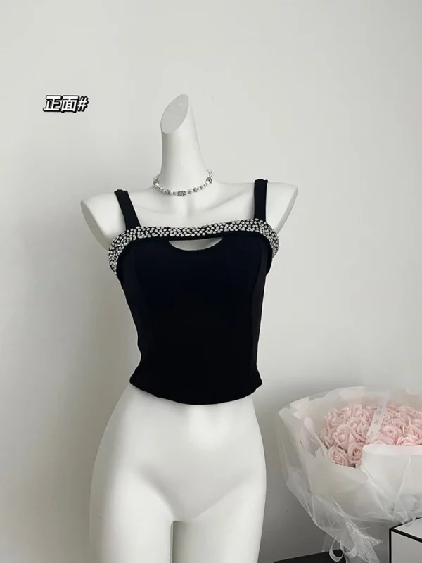 Y2K Summer Coquette Crop Top with Rhinestone Detail - Korean Gyaru Aesthetic Hollow Out Halter Camis