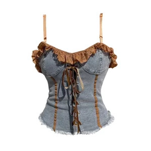 Y2K Summer Denim Crop Top with Lace-Up Halter - Vintage Korean Coquette Style for Women