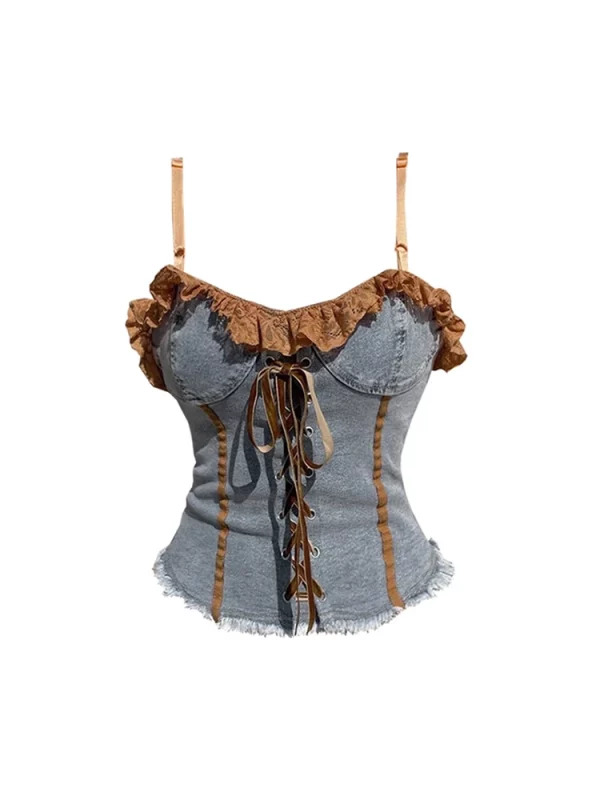 Y2K Summer Denim Crop Top with Lace-Up Halter - Vintage Korean Coquette Style for Women