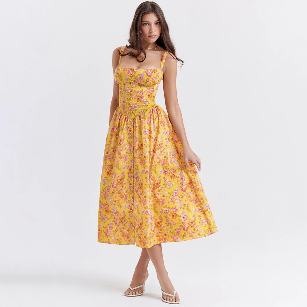 Y2K Summer Dress 2024 - Casual Yellow Floral Print, Lace-Up, Sexy Party Outfit