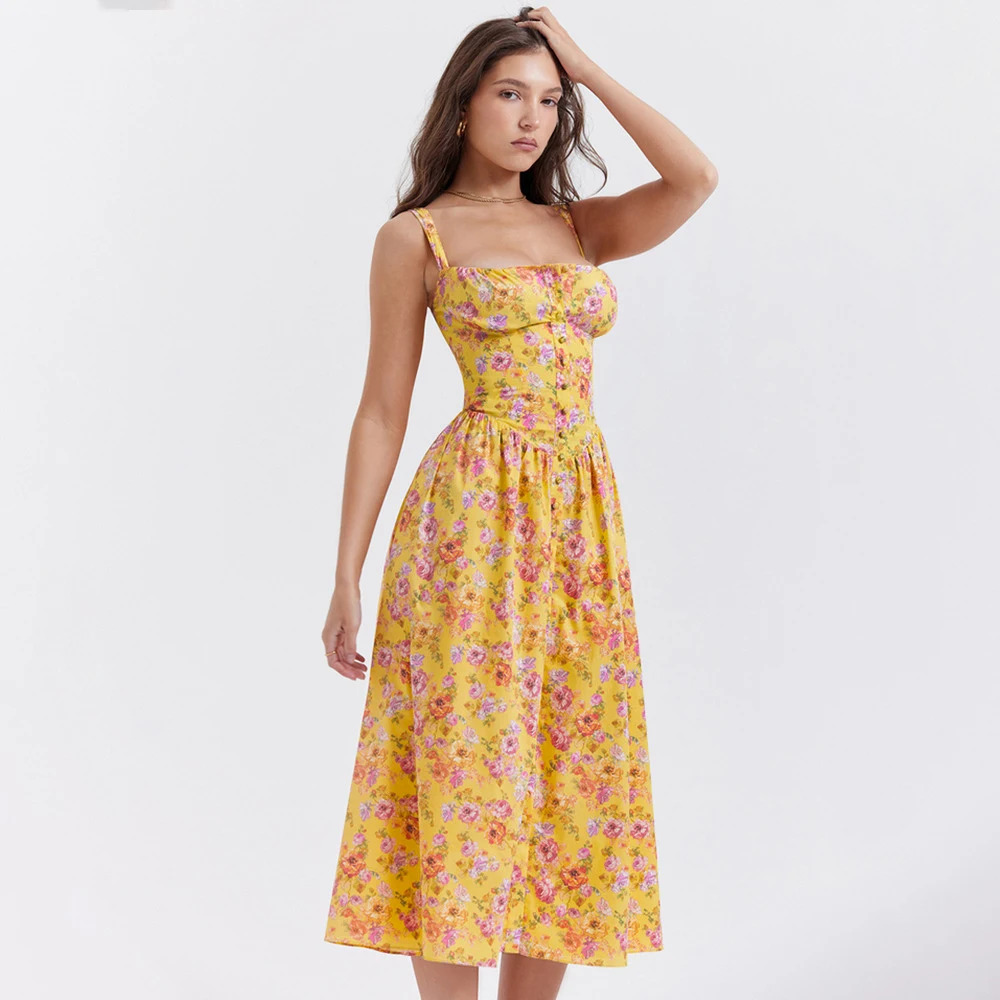 Y2K Summer Dress 2024 - Casual Yellow Floral Print, Lace-Up, Sexy Party Outfit