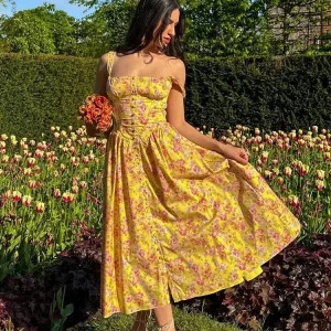 Y2K Summer Dress 2024 - Casual Yellow Floral Print, Lace-Up, Sexy Party Outfit