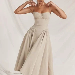 Y2K Summer Elegant Midi A-Line Dress - Khaki Casual V-Neck Spaghetti Strap Holiday Party Outfit