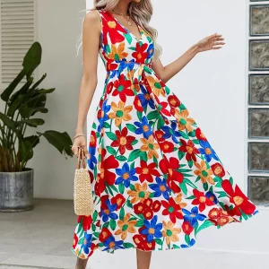 Y2K Summer Floral Midi Dress - Casual White Sleeveless Bandage Beach Sundress, 90s Fashion V Neck