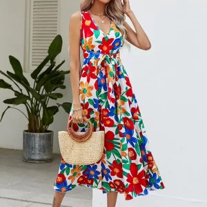 Y2K Summer Floral Midi Dress - Casual White Sleeveless Bandage Beach Sundress, 90s Fashion V Neck