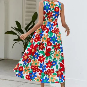 Y2K Summer Floral Midi Dress - Casual White Sleeveless Bandage Beach Sundress, 90s Fashion V Neck