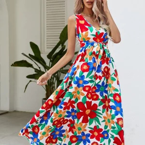 Y2K Summer Floral Midi Dress - Casual White Sleeveless Bandage Beach Sundress, 90s Fashion V Neck