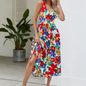 Y2K Summer Floral Midi Dress - Casual White Sleeveless Bandage Beach Sundress, 90s Fashion V Neck