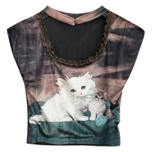 Y2K Summer French Vintage Graphic Hollow Out Tank Top - Coquette Crop Top Gyaru Aesthetic