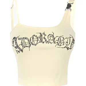 Y2K Summer Gothic Camisole Baddie Style Bodycon Crop Top - Japanese Fashion Rhinestone Halter Tops