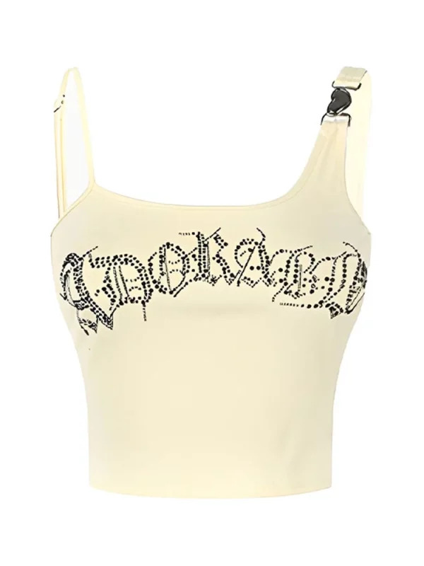 Y2K Summer Gothic Camisole Baddie Style Bodycon Crop Top - Japanese Fashion Rhinestone Halter Tops