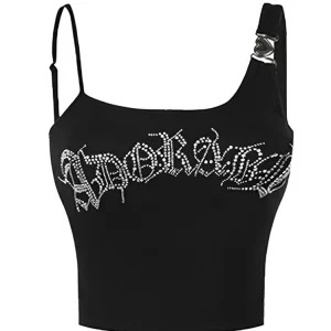 Y2K Summer Gothic Camisole Baddie Style Bodycon Crop Top - Japanese Fashion Rhinestone Halter Tops