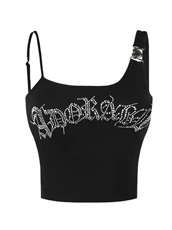 Y2K Summer Gothic Camisole Baddie Style Bodycon Crop Top - Japanese Fashion Rhinestone Halter Tops