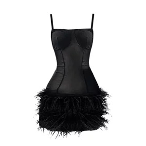 Y2K Summer Gothic Spaghetti Strap Dark Academia Mini Dress - Women's Sexy Fluffy Black Patchwork Party Outfit