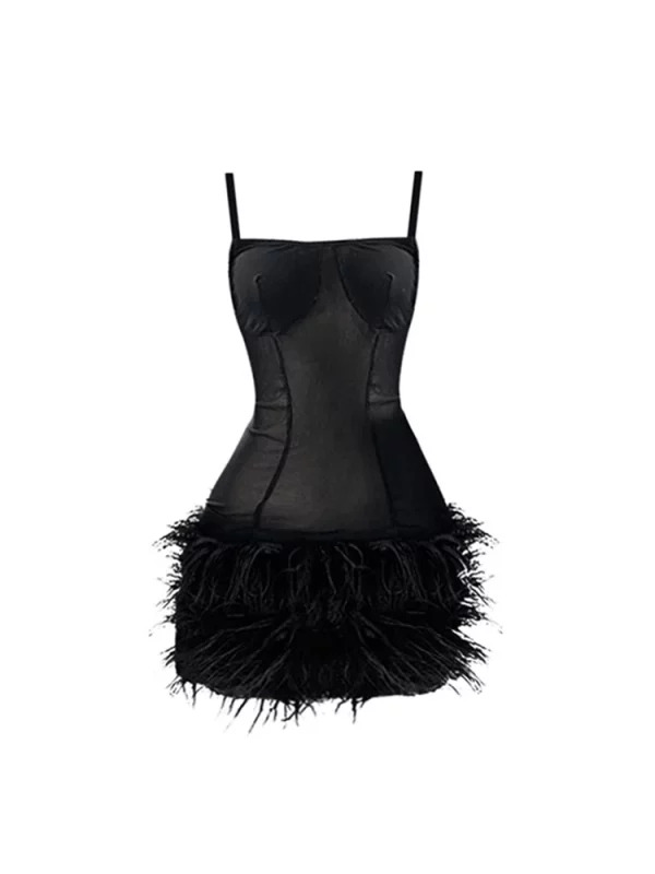 Y2K Summer Gothic Spaghetti Strap Dark Academia Mini Dress - Women's Sexy Fluffy Black Patchwork Party Outfit