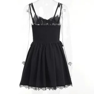 Y2K Summer Gothic Spaghetti Strap Midi A-line Dress - Vintage Black Embroidered Grunge Party Robe