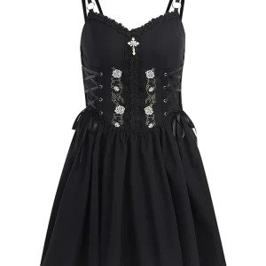 Y2K Summer Gothic Spaghetti Strap Midi A-line Dress - Vintage Black Embroidered Grunge Party Robe