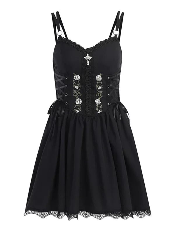 Y2K Summer Gothic Spaghetti Strap Midi A-line Dress - Vintage Black Embroidered Grunge Party Robe