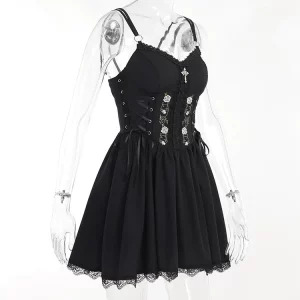 Y2K Summer Gothic Spaghetti Strap Midi A-line Dress - Vintage Black Embroidered Grunge Party Robe