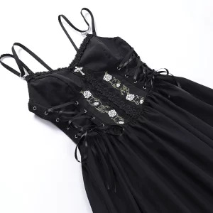 Y2K Summer Gothic Spaghetti Strap Midi A-line Dress - Vintage Black Embroidered Grunge Party Robe