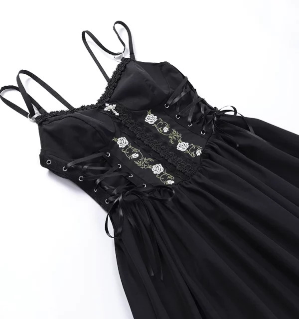 Y2K Summer Gothic Spaghetti Strap Midi A-line Dress - Vintage Black Embroidered Grunge Party Robe