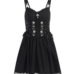 Y2K Summer Gothic Spaghetti Strap Midi A-line Dress - Vintage Black Embroidered Grunge Party Robe