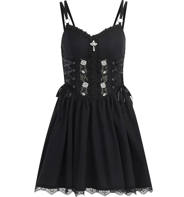 Y2K Summer Gothic Spaghetti Strap Midi A-line Dress - Vintage Black Embroidered Grunge Party Robe