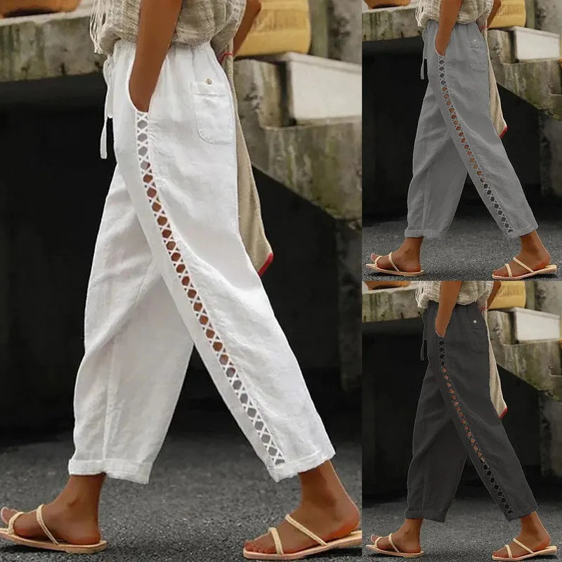 Y2K Summer Lace Stitching Hollow Casual Trousers - Vintage 90s Grunge Loose Cotton Linen Harem Pants