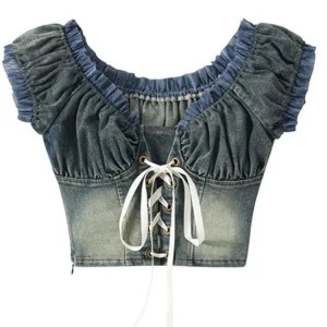 Y2K Summer Lace-Up T-Shirt: Korean Fashion Denim Crop Top