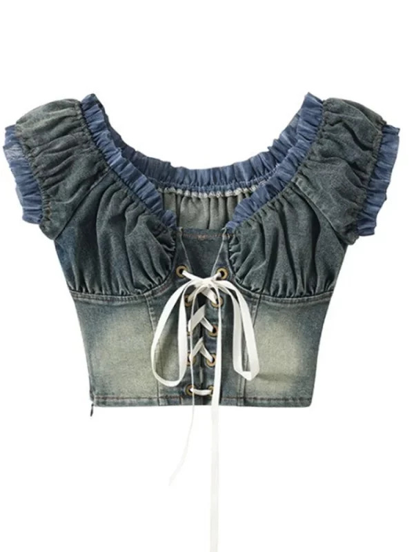 Y2K Summer Lace-Up T-Shirt: Korean Fashion Denim Crop Top